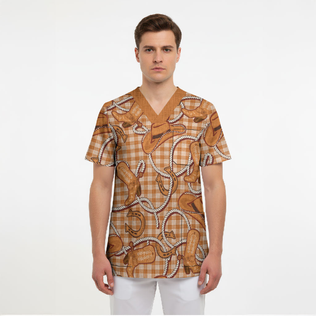 Brown Hawaii Palaka Cowboy Scrub Top Hawaiian Paniolo Festival Spirit