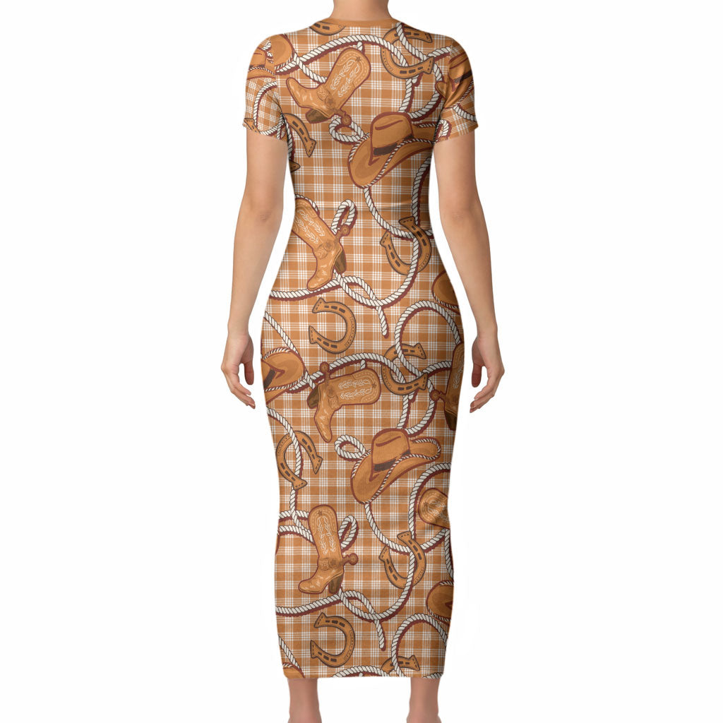 Brown Hawaii Palaka Cowboy Short Sleeve Bodycon Dress Hawaiian Paniolo Festival Spirit
