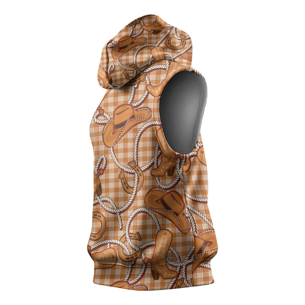 Brown Hawaii Palaka Cowboy Sleeveless Hoodie Hawaiian Paniolo Festival Spirit