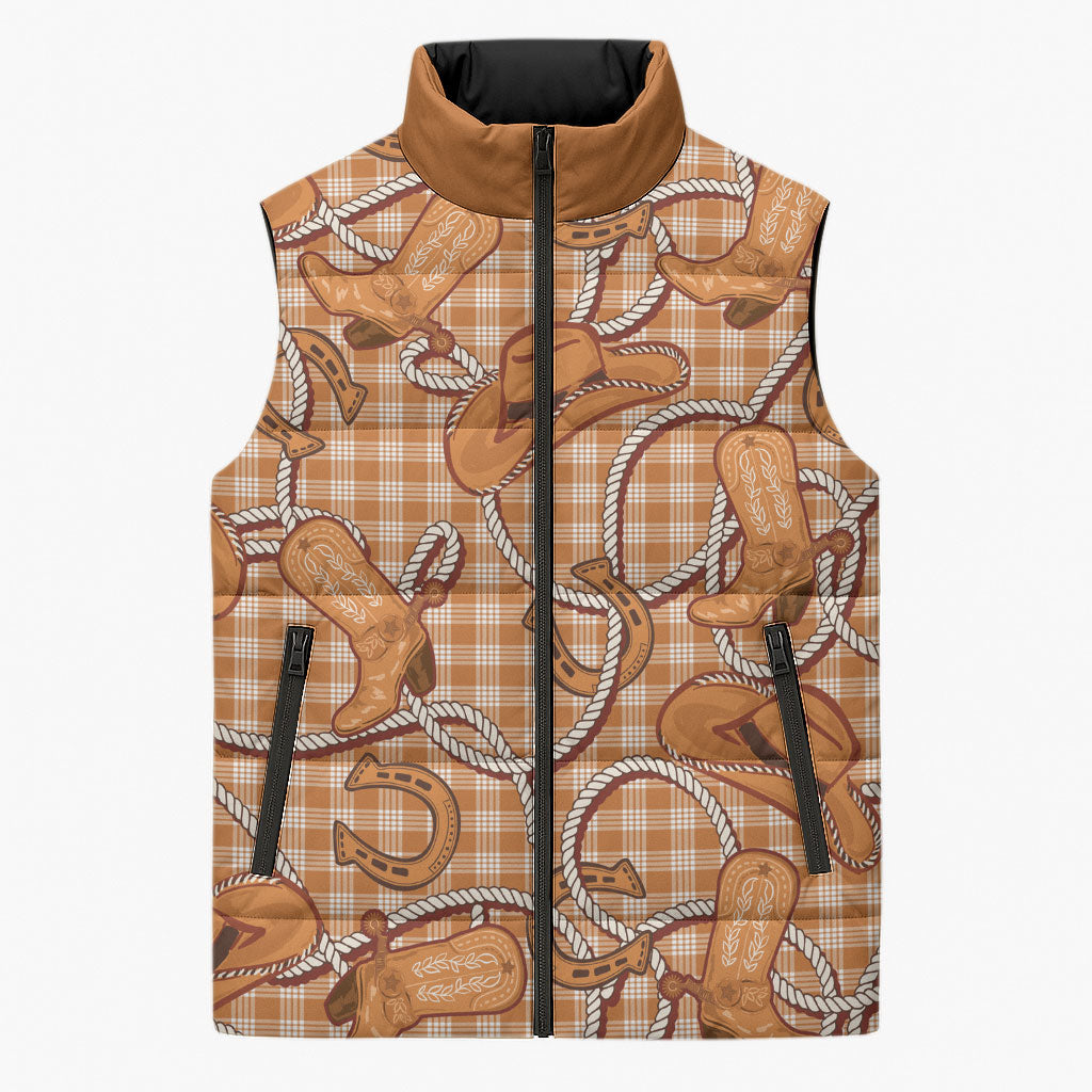 Brown Hawaii Palaka Cowboy Sleeveless Puffer Jacket Hawaiian Paniolo Festival Spirit