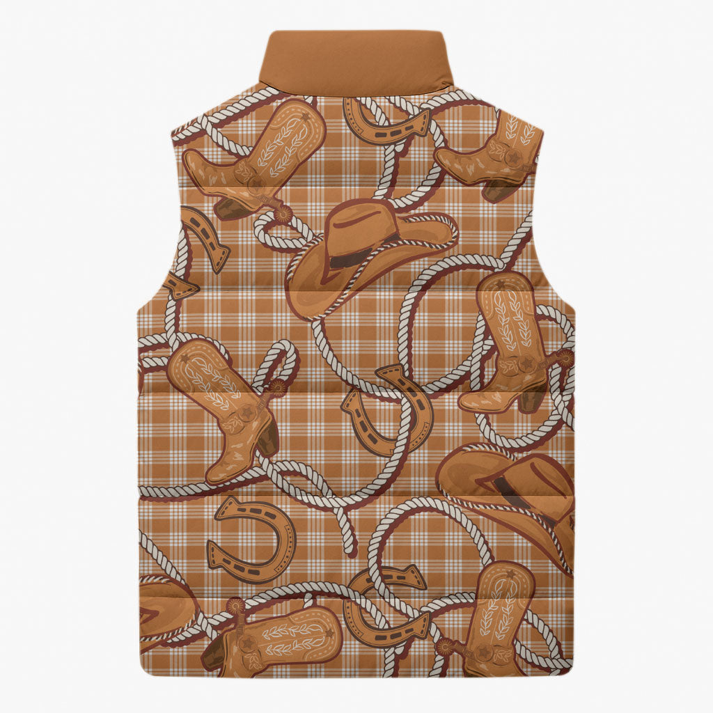 Brown Hawaii Palaka Cowboy Sleeveless Puffer Jacket Hawaiian Paniolo Festival Spirit