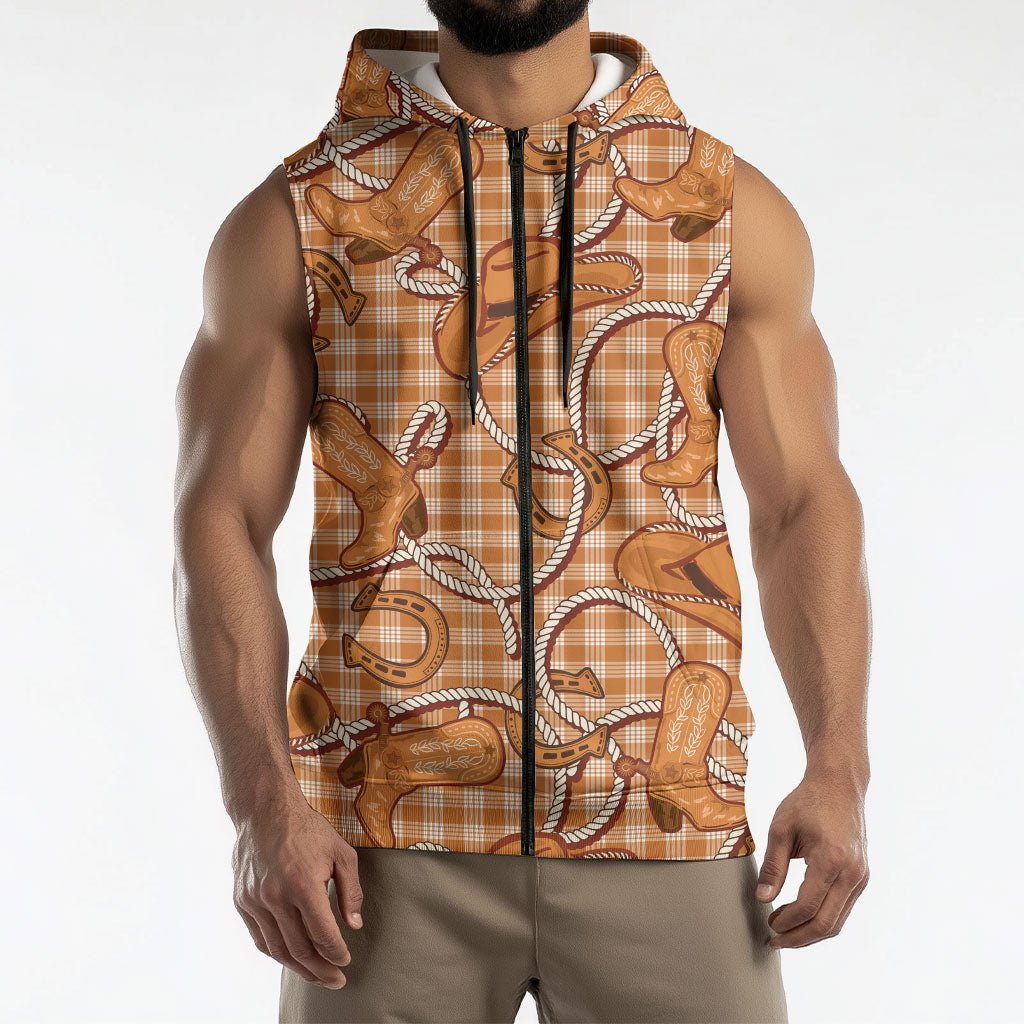 Brown Hawaii Palaka Cowboy Sleeveless Zip Hoodie Hawaiian Paniolo Festival Spirit