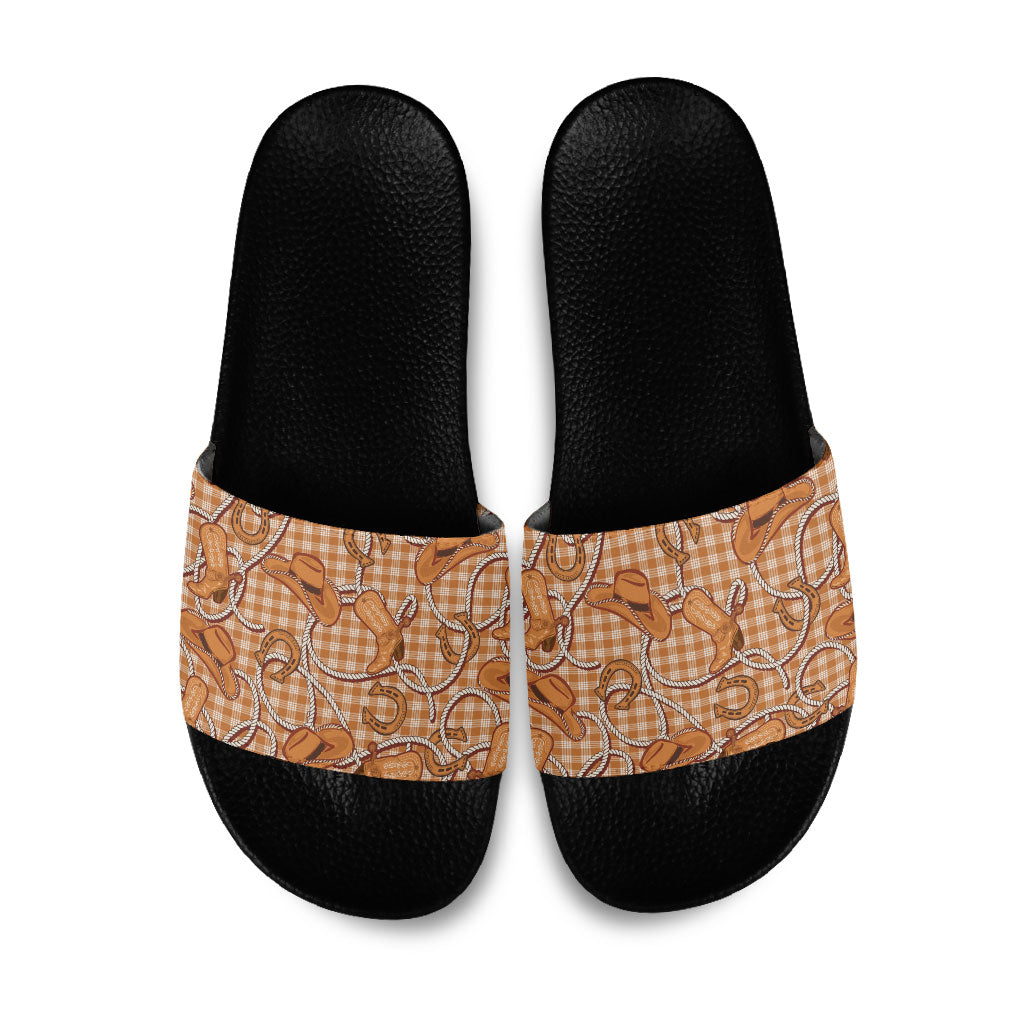 Brown Hawaii Palaka Cowboy Slide Sandals Hawaiian Paniolo Festival Spirit