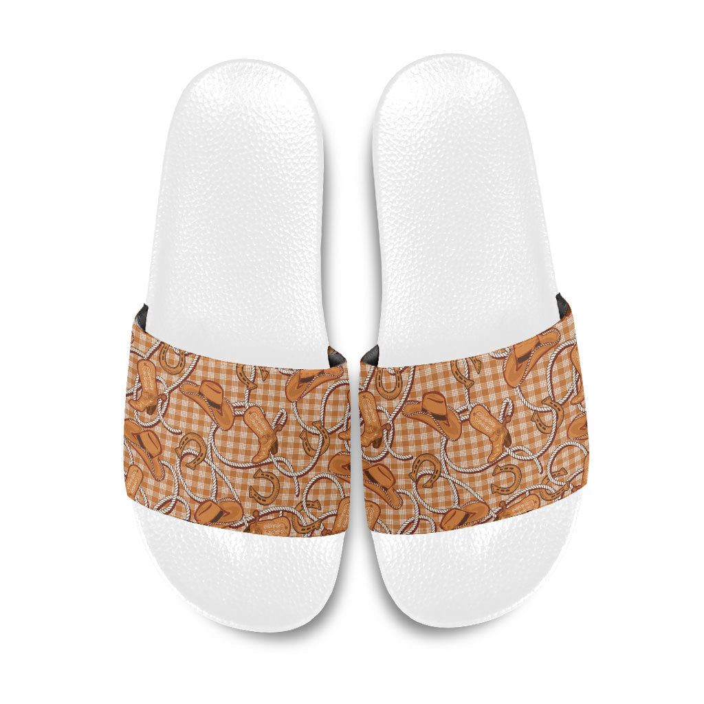 Brown Hawaii Palaka Cowboy Slide Sandals Hawaiian Paniolo Festival Spirit