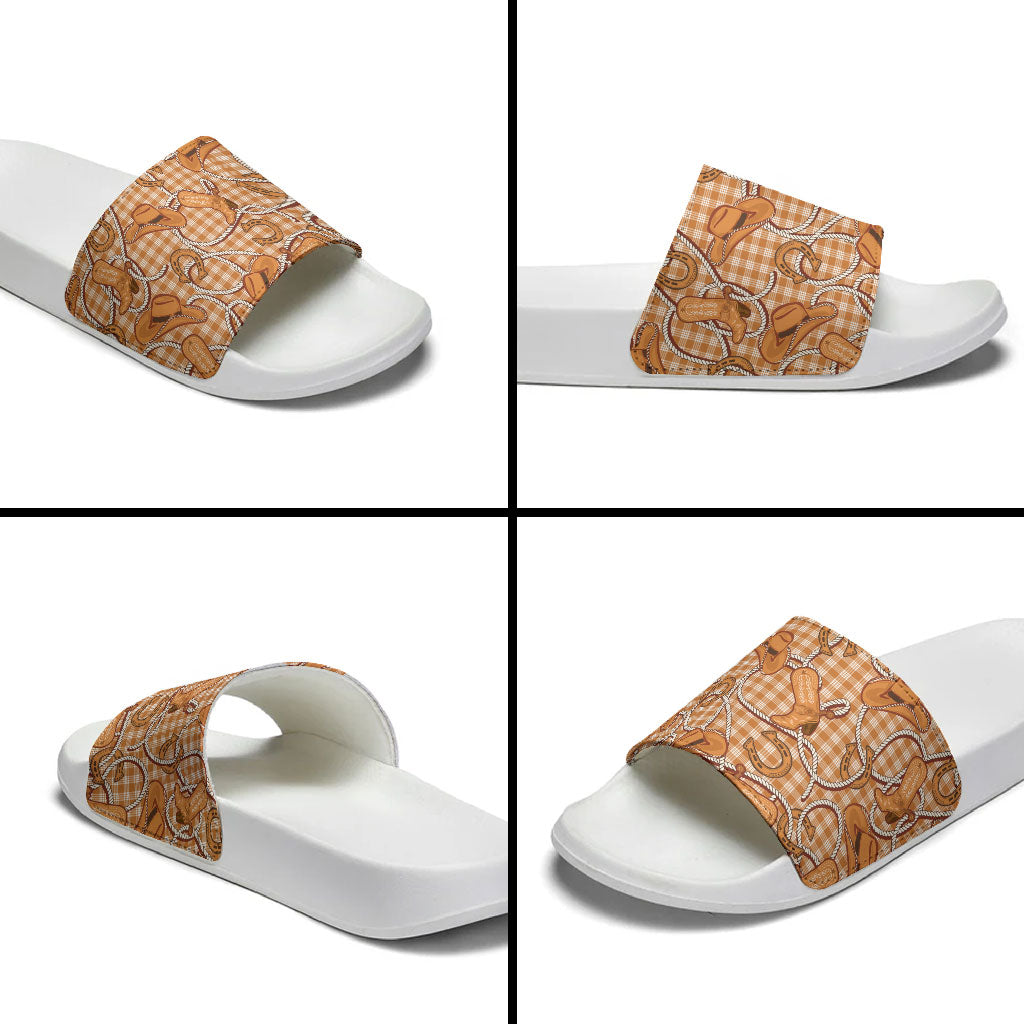 Brown Hawaii Palaka Cowboy Slide Sandals Hawaiian Paniolo Festival Spirit