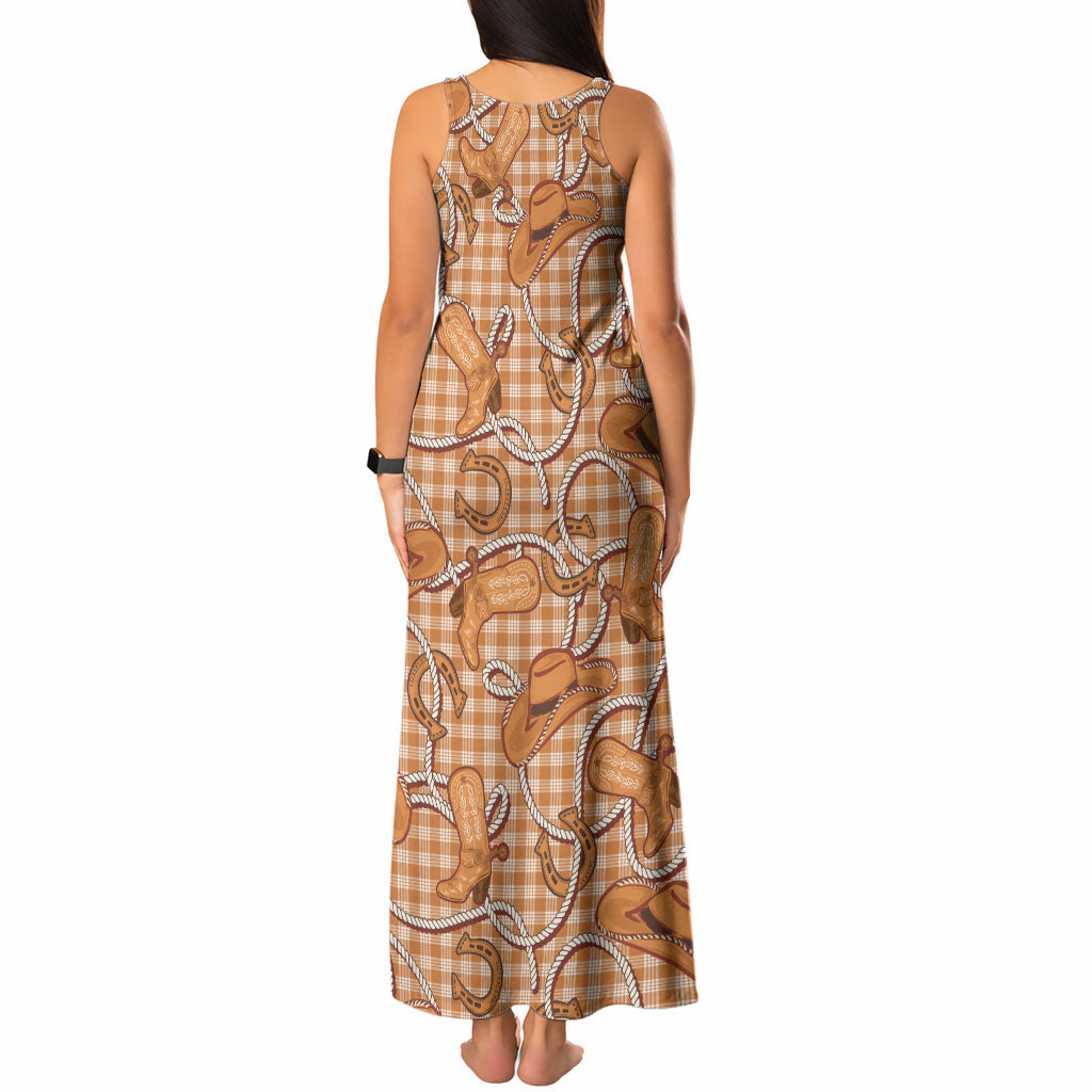 Brown Hawaii Palaka Cowboy Tank Maxi Dress Hawaiian Paniolo Festival Spirit
