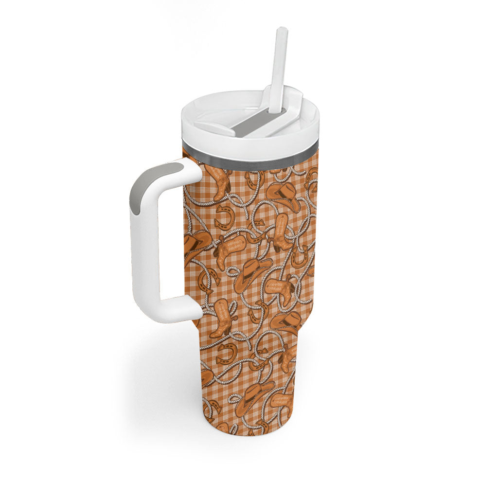 Brown Hawaii Palaka Cowboy Tumbler With Handle Hawaiian Paniolo Festival Spirit