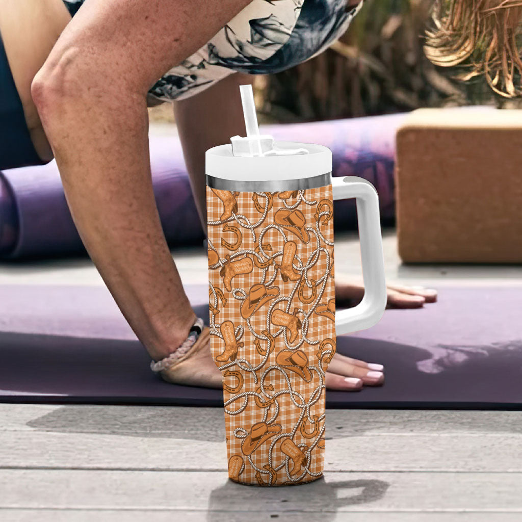 Brown Hawaii Palaka Cowboy Tumbler With Handle Hawaiian Paniolo Festival Spirit