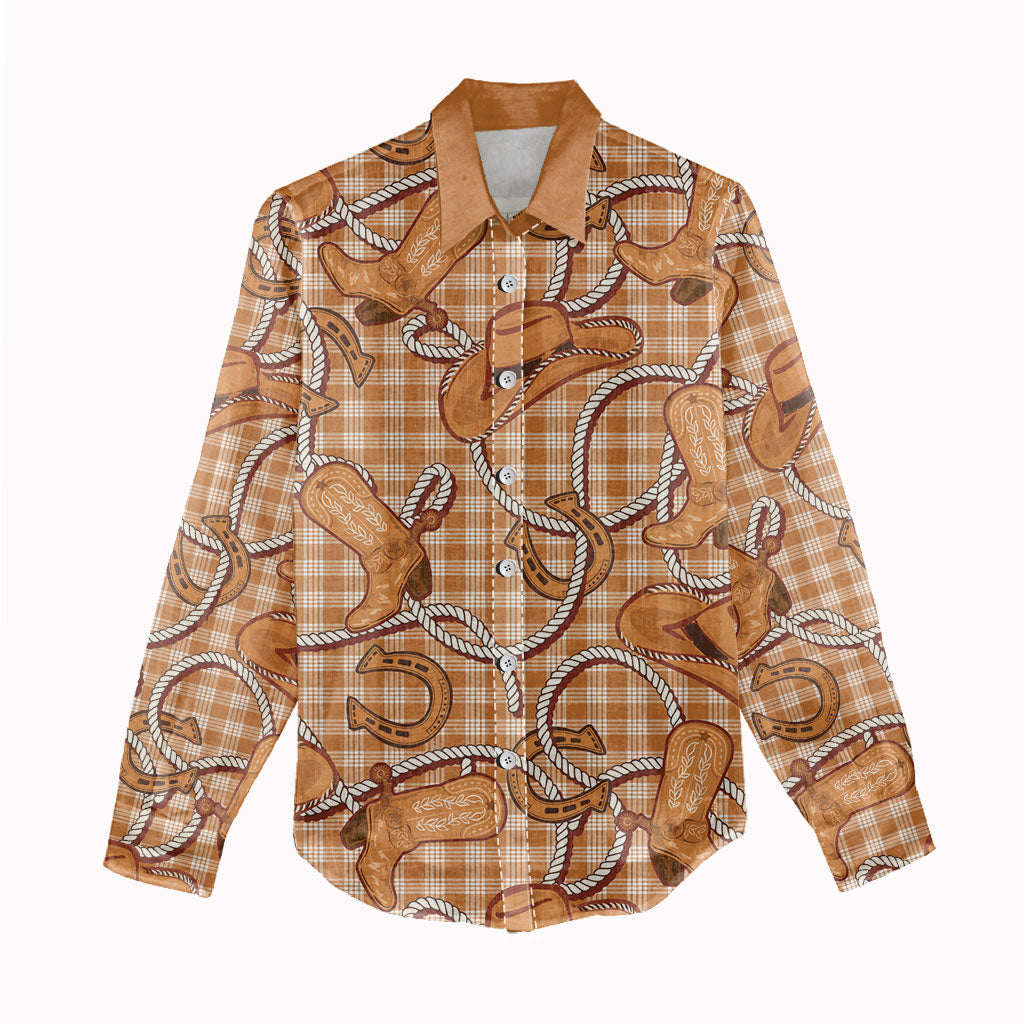 Brown Hawaii Palaka Cowboy Women Casual Shirt Hawaiian Paniolo Festival Spirit