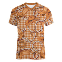 Brown Hawaii Palaka Cowboy Women V-Neck T-Shirt Hawaiian Paniolo Festival Spirit