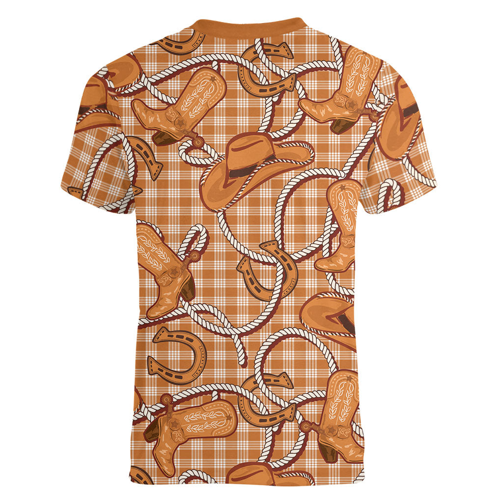 Brown Hawaii Palaka Cowboy Women V-Neck T-Shirt Hawaiian Paniolo Festival Spirit