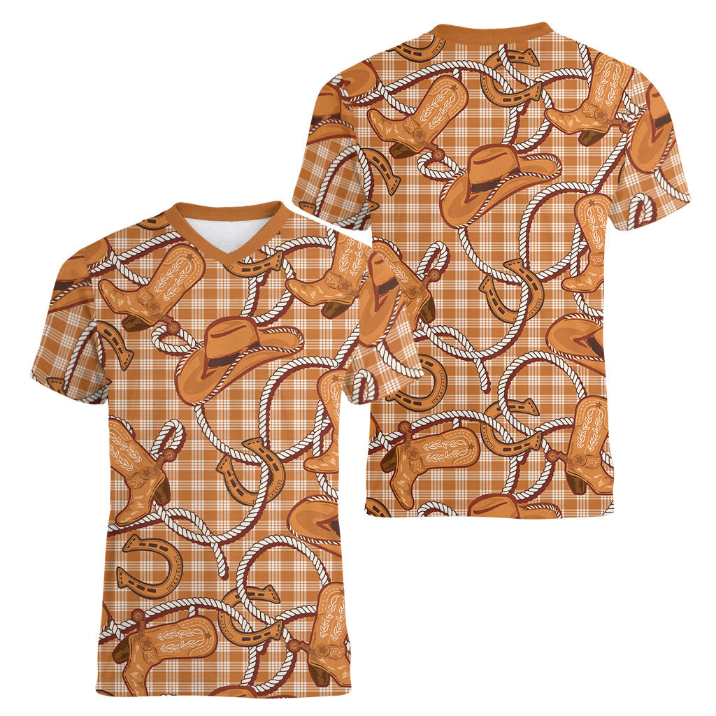Brown Hawaii Palaka Cowboy Women V-Neck T-Shirt Hawaiian Paniolo Festival Spirit