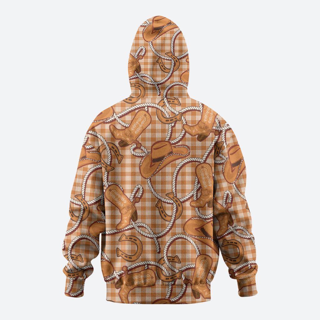 Brown Hawaii Palaka Cowboy Zip Hoodie Hawaiian Paniolo Festival Spirit