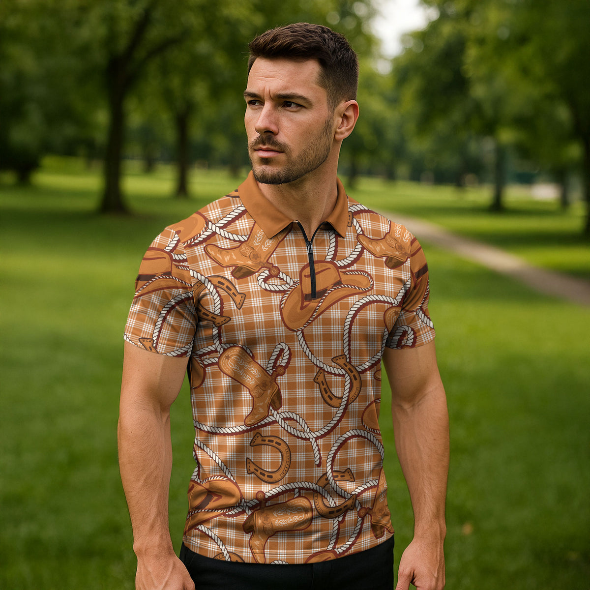 Brown Hawaii Palaka Cowboy Zipper Polo Shirt Hawaiian Paniolo Festival Spirit