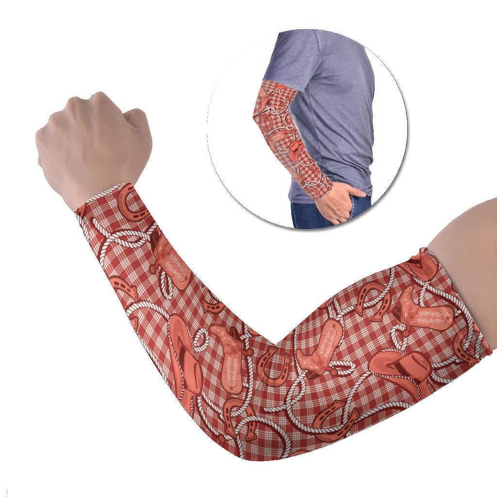 Red Hawaii Palaka Cowboy Arm Sleeves Hawaiian Paniolo Festival Spirit LT19 Set of 2 Red - Polynesian Pride