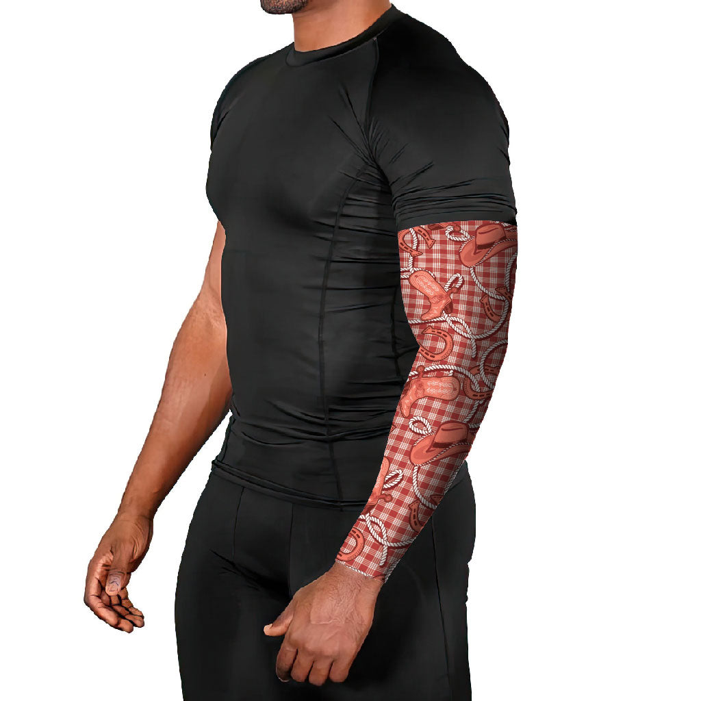 Red Hawaii Palaka Cowboy Arm Sleeves Hawaiian Paniolo Festival Spirit