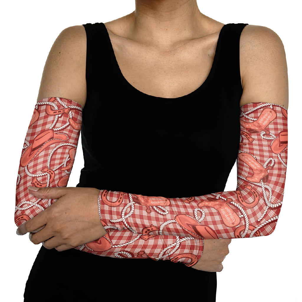 Red Hawaii Palaka Cowboy Arm Sleeves Hawaiian Paniolo Festival Spirit