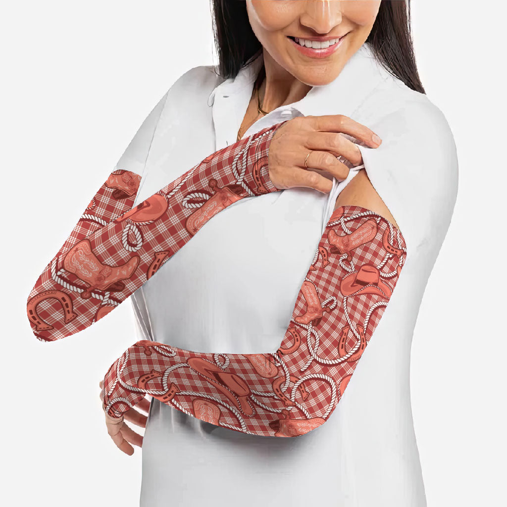 Red Hawaii Palaka Cowboy Arm Sleeves Hawaiian Paniolo Festival Spirit
