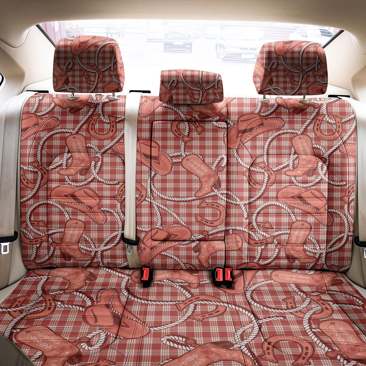 Red Hawaii Palaka Cowboy Back Car Seat Cover Hawaiian Paniolo Festival Spirit