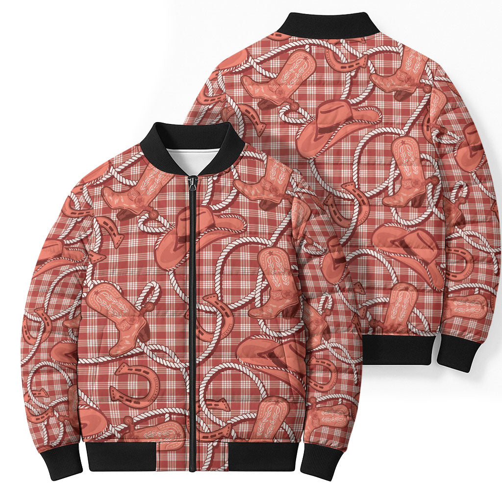 Red Hawaii Palaka Cowboy Bomber Puffer Jacket Hawaiian Paniolo Festival Spirit