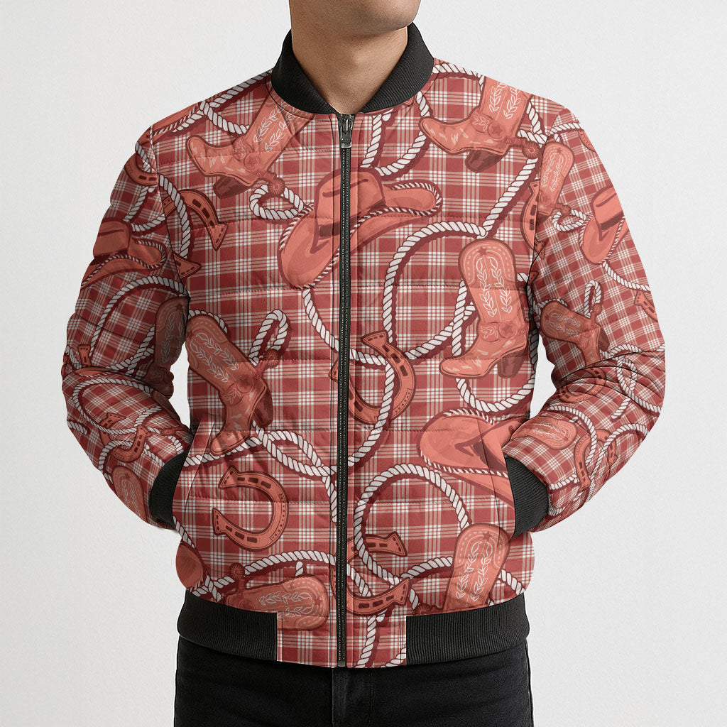 Red Hawaii Palaka Cowboy Bomber Puffer Jacket Hawaiian Paniolo Festival Spirit