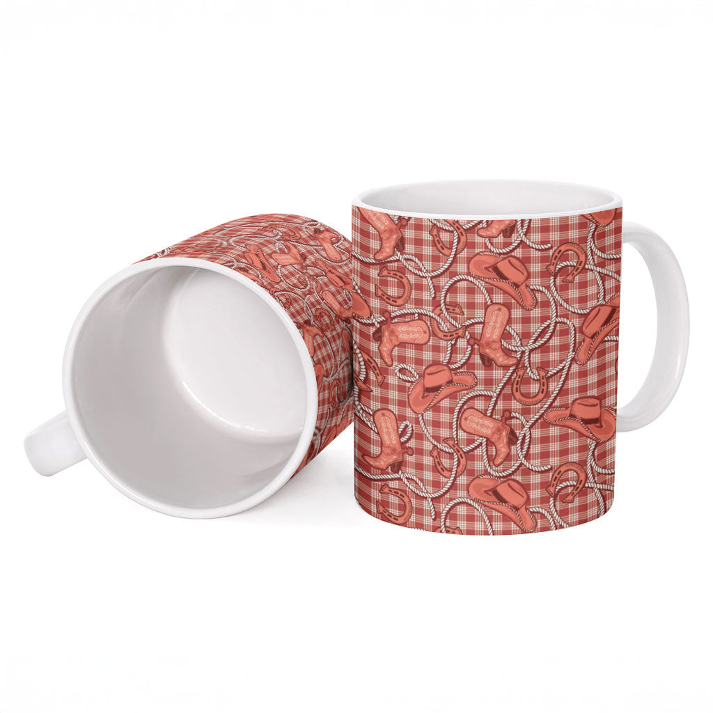Red Hawaii Palaka Cowboy Ceramic Mug Hawaiian Paniolo Festival Spirit