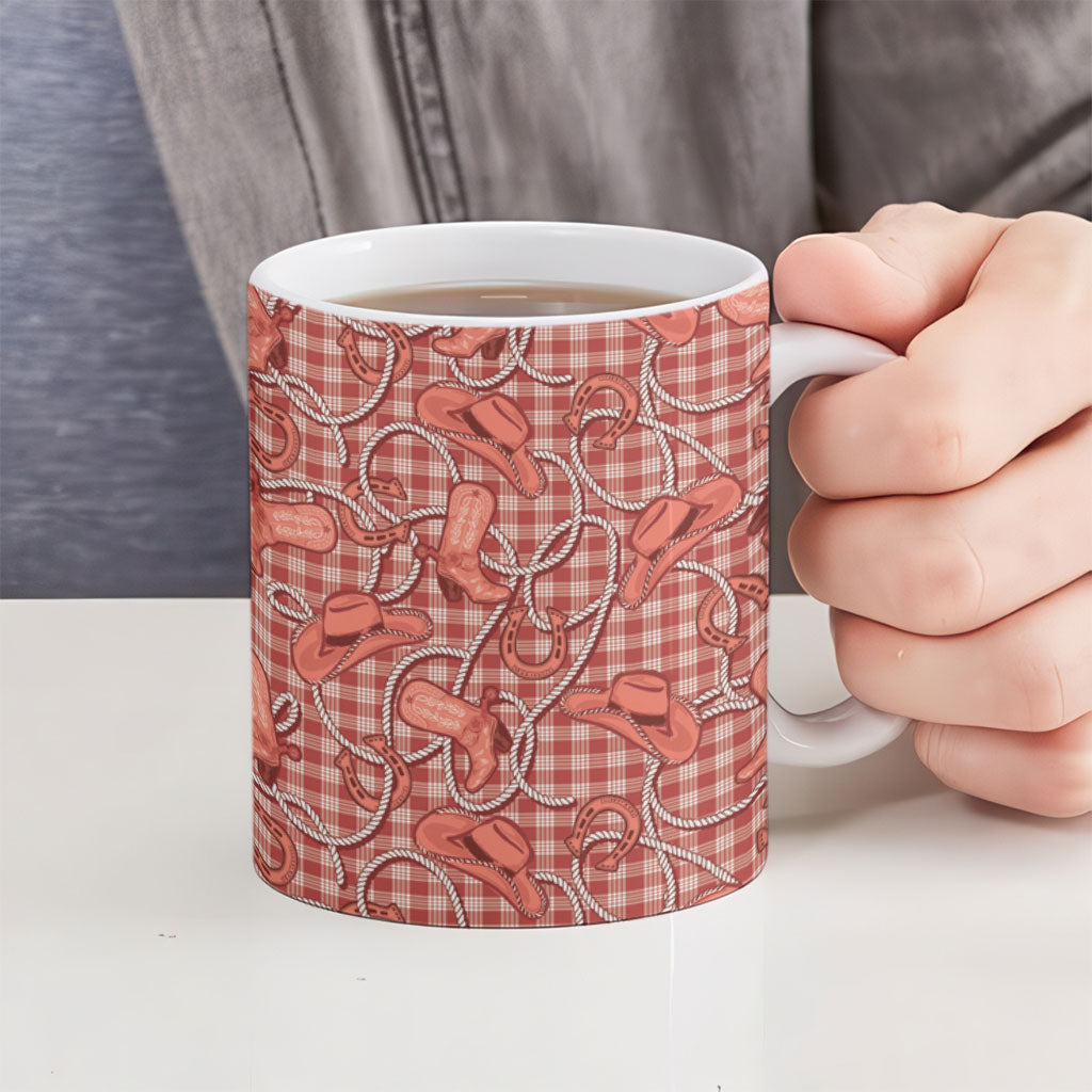 Red Hawaii Palaka Cowboy Ceramic Mug Hawaiian Paniolo Festival Spirit