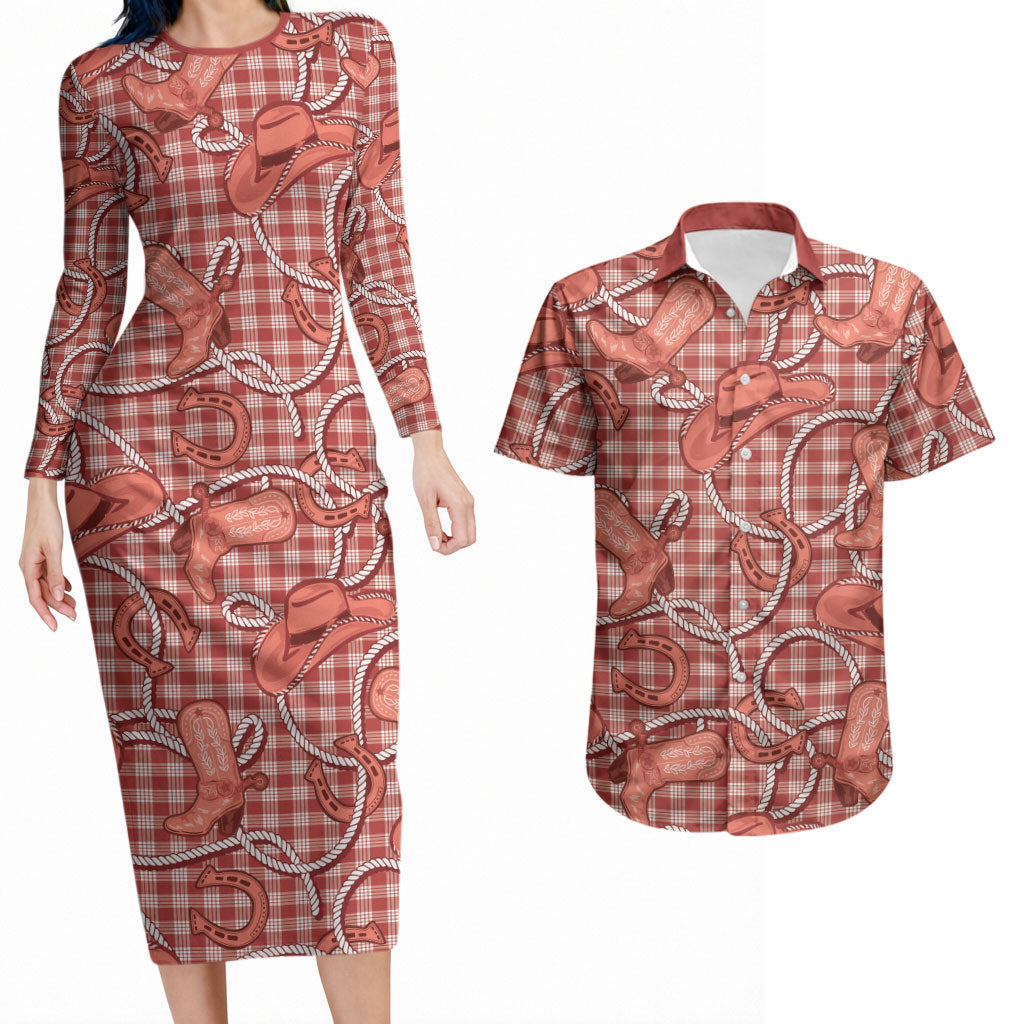 Red Hawaii Palaka Cowboy Couples Matching Long Sleeve Bodycon Dress and Hawaiian Shirt Hawaiian Paniolo Festival Spirit