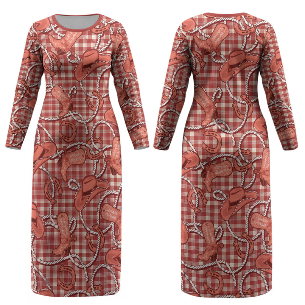 Red Hawaii Palaka Cowboy Couples Matching Long Sleeve Bodycon Dress and Hawaiian Shirt Hawaiian Paniolo Festival Spirit