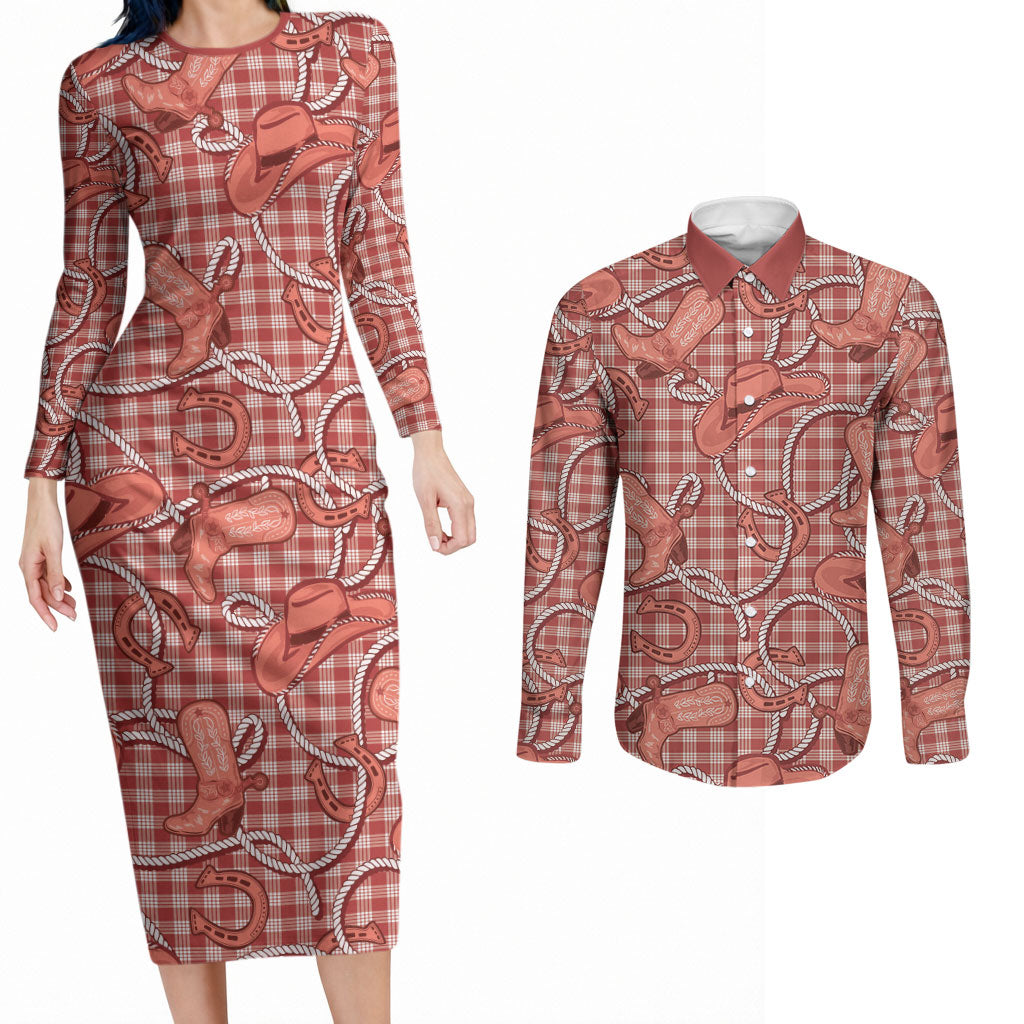 Red Hawaii Palaka Cowboy Couples Matching Long Sleeve Bodycon Dress and Long Sleeve Button Shirt Hawaiian Paniolo Festival Spirit LT19 Red - Polynesian Pride