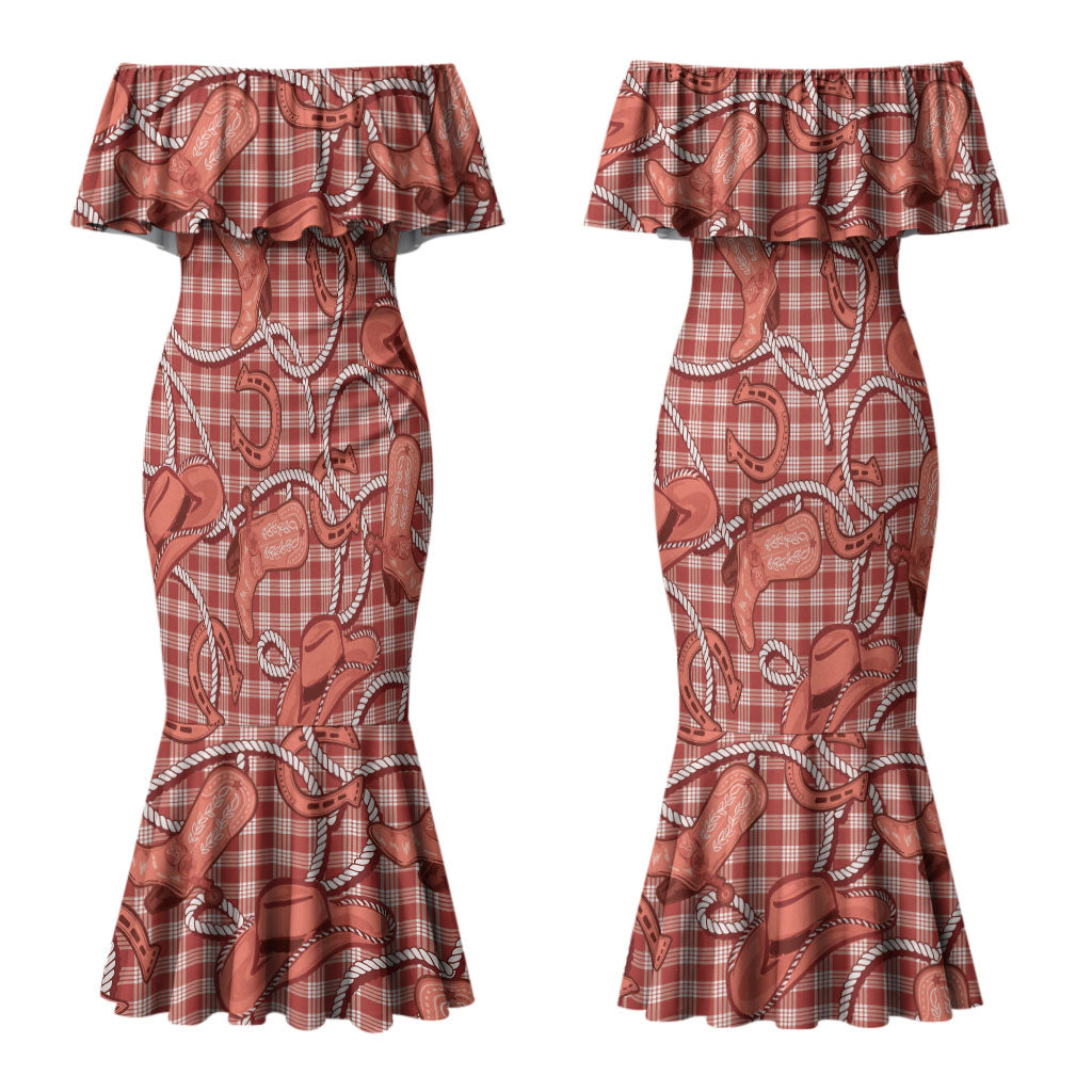 Red Hawaii Palaka Cowboy Couples Matching Mermaid Dress and Hawaiian Shirt Hawaiian Paniolo Festival Spirit