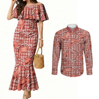 Red Hawaii Palaka Cowboy Couples Matching Mermaid Dress and Long Sleeve Button Shirt Hawaiian Paniolo Festival Spirit