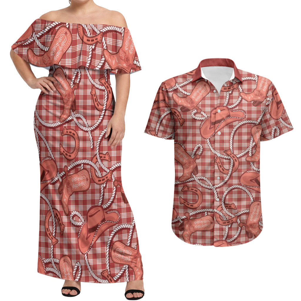 Red Hawaii Palaka Cowboy Couples Matching Off Shoulder Maxi Dress and Hawaiian Shirt Hawaiian Paniolo Festival Spirit