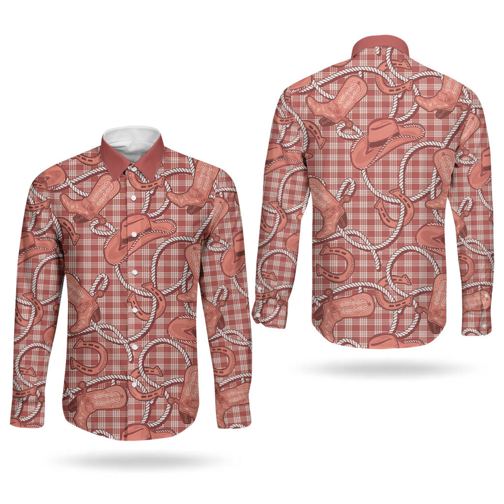 Red Hawaii Palaka Cowboy Couples Matching Off Shoulder Maxi Dress and Long Sleeve Button Shirt Hawaiian Paniolo Festival Spirit