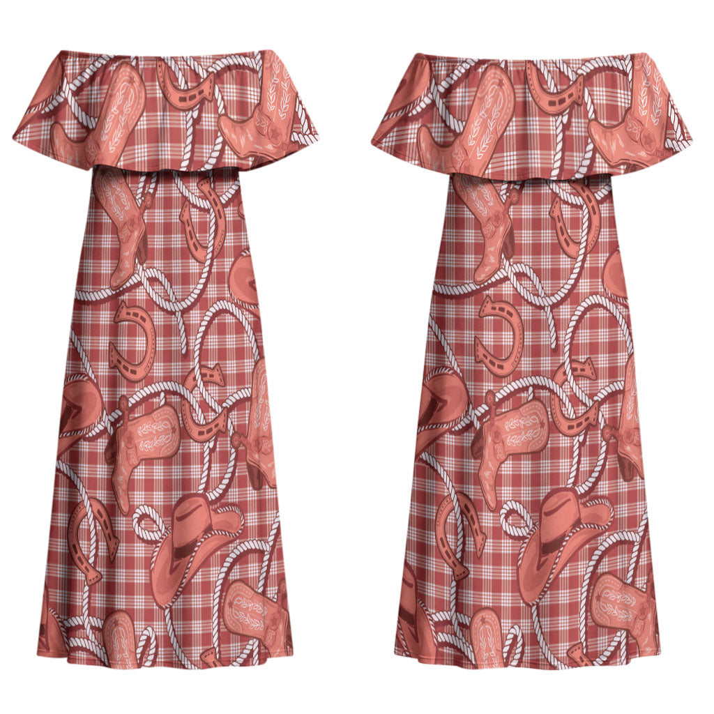 Red Hawaii Palaka Cowboy Couples Matching Off Shoulder Maxi Dress and Long Sleeve Button Shirt Hawaiian Paniolo Festival Spirit