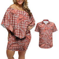Red Hawaii Palaka Cowboy Couples Matching Off Shoulder Short Dress and Hawaiian Shirt Hawaiian Paniolo Festival Spirit