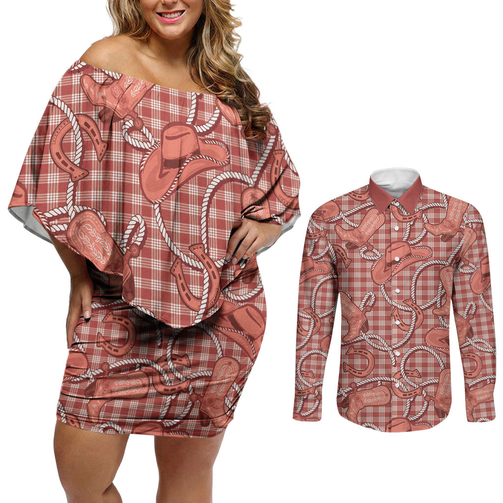 Red Hawaii Palaka Cowboy Couples Matching Off Shoulder Short Dress and Long Sleeve Button Shirt Hawaiian Paniolo Festival Spirit