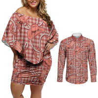 Red Hawaii Palaka Cowboy Couples Matching Off Shoulder Short Dress and Long Sleeve Button Shirt Hawaiian Paniolo Festival Spirit