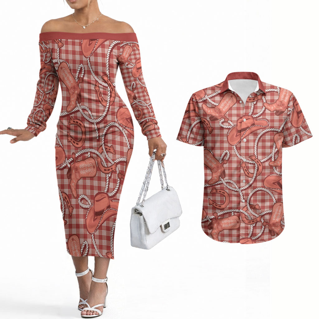 Red Hawaii Palaka Cowboy Couples Matching Off The Shoulder Long Sleeve Dress and Hawaiian Shirt Hawaiian Paniolo Festival Spirit LT19 Red - Polynesian Pride