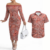 Red Hawaii Palaka Cowboy Couples Matching Off The Shoulder Long Sleeve Dress and Hawaiian Shirt Hawaiian Paniolo Festival Spirit