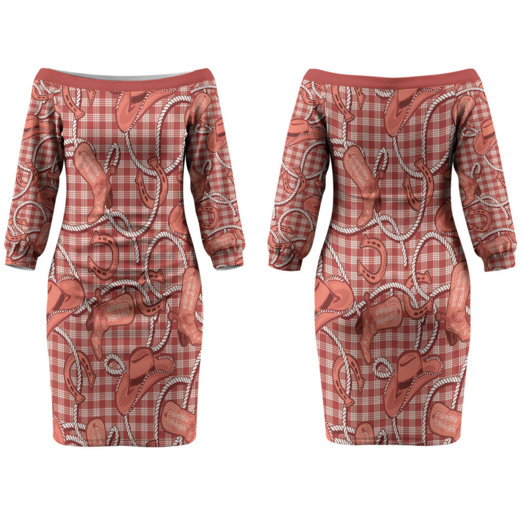 Red Hawaii Palaka Cowboy Couples Matching Off The Shoulder Long Sleeve Dress and Hawaiian Shirt Hawaiian Paniolo Festival Spirit