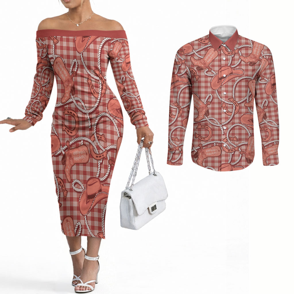 Red Hawaii Palaka Cowboy Couples Matching Off The Shoulder Long Sleeve Dress and Long Sleeve Button Shirt Hawaiian Paniolo Festival Spirit