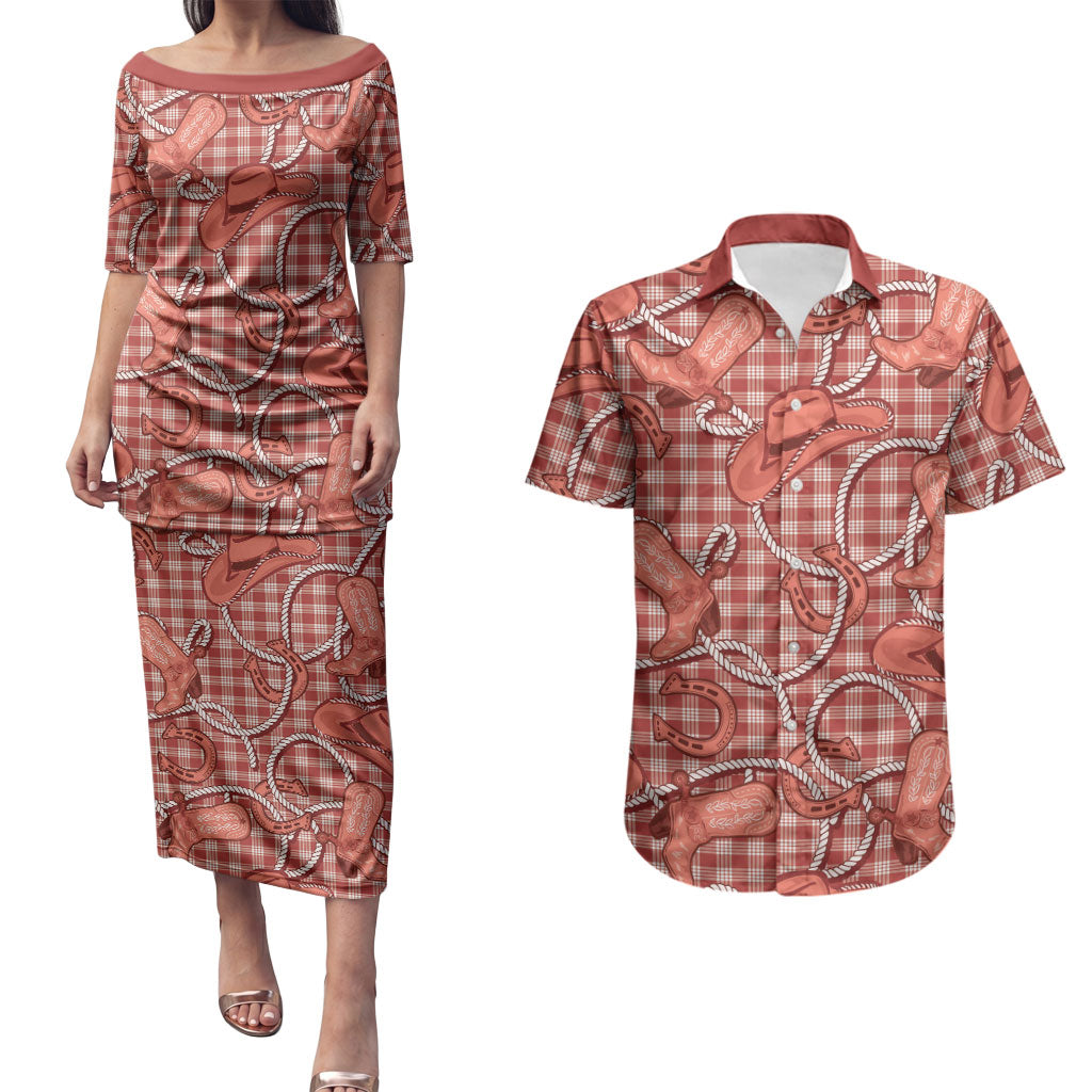 Red Hawaii Palaka Cowboy Couples Matching Puletasi and Hawaiian Shirt Hawaiian Paniolo Festival Spirit