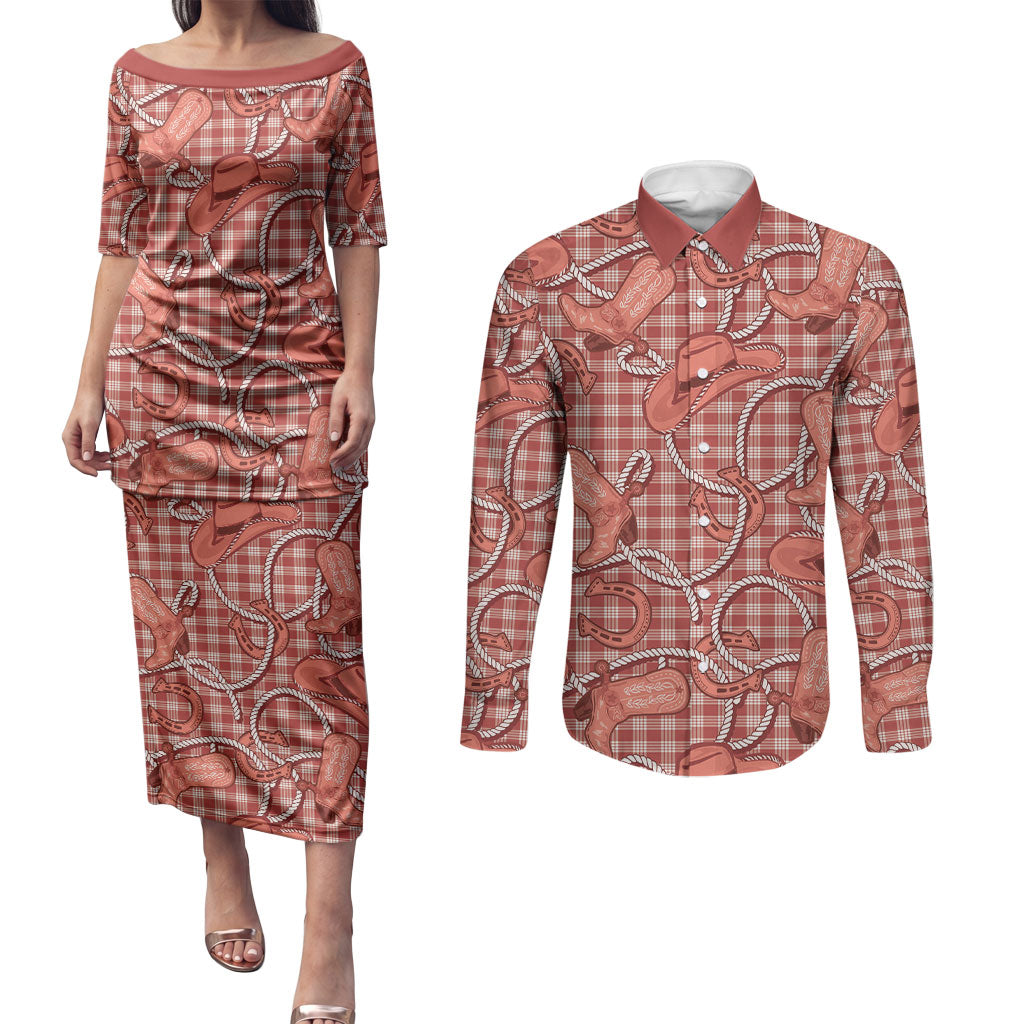 Red Hawaii Palaka Cowboy Couples Matching Puletasi and Long Sleeve Button Shirt Hawaiian Paniolo Festival Spirit