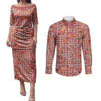 Red Hawaii Palaka Cowboy Couples Matching Puletasi and Long Sleeve Button Shirt Hawaiian Paniolo Festival Spirit