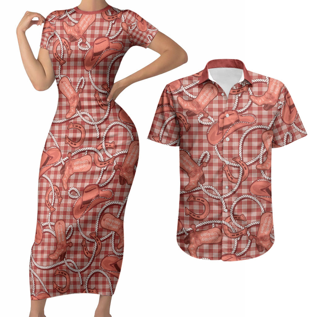Red Hawaii Palaka Cowboy Couples Matching Short Sleeve Bodycon Dress and Hawaiian Shirt Hawaiian Paniolo Festival Spirit