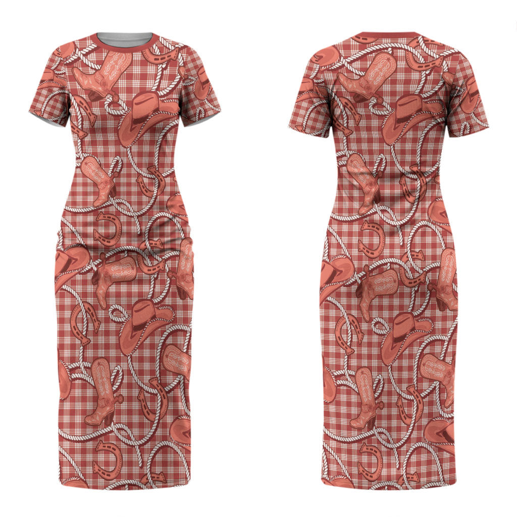 Red Hawaii Palaka Cowboy Couples Matching Short Sleeve Bodycon Dress and Hawaiian Shirt Hawaiian Paniolo Festival Spirit