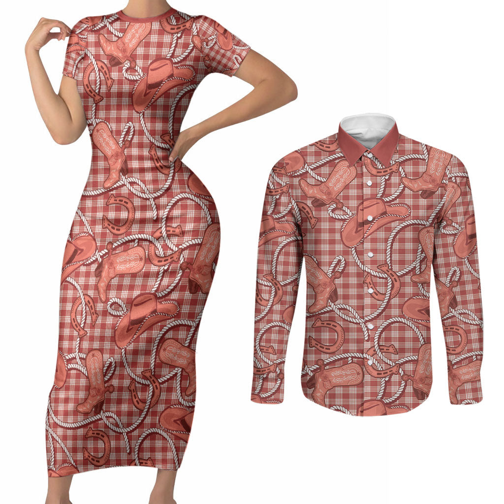 Red Hawaii Palaka Cowboy Couples Matching Short Sleeve Bodycon Dress and Long Sleeve Button Shirt Hawaiian Paniolo Festival Spirit LT19 Red - Polynesian Pride