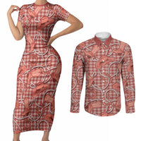 Red Hawaii Palaka Cowboy Couples Matching Short Sleeve Bodycon Dress and Long Sleeve Button Shirt Hawaiian Paniolo Festival Spirit