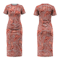 Red Hawaii Palaka Cowboy Couples Matching Short Sleeve Bodycon Dress and Long Sleeve Button Shirt Hawaiian Paniolo Festival Spirit